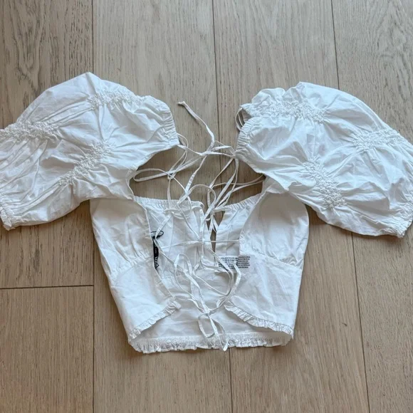 ZARA White Open Back Lace-Up Top | Puff Sleeve Euro Summer Blouse | Size L - Picture 9 of 12